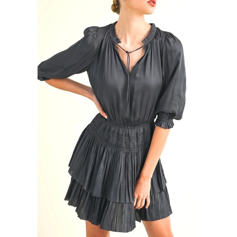 Reset By Jane Dark Navy Smocked Waist Tiered Pleated Mini Dress Tie Neck Puff